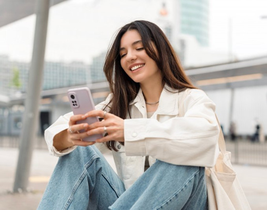 Lady smiles while reading something on phone